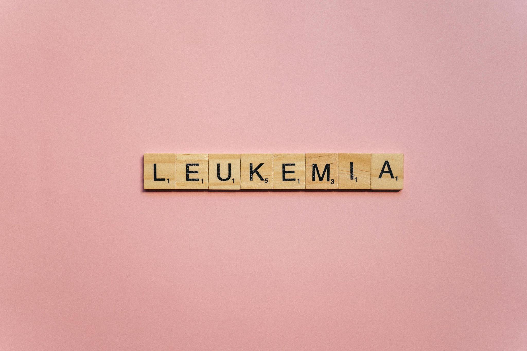 The word "Leukemia" is spelled out using letter blocks.