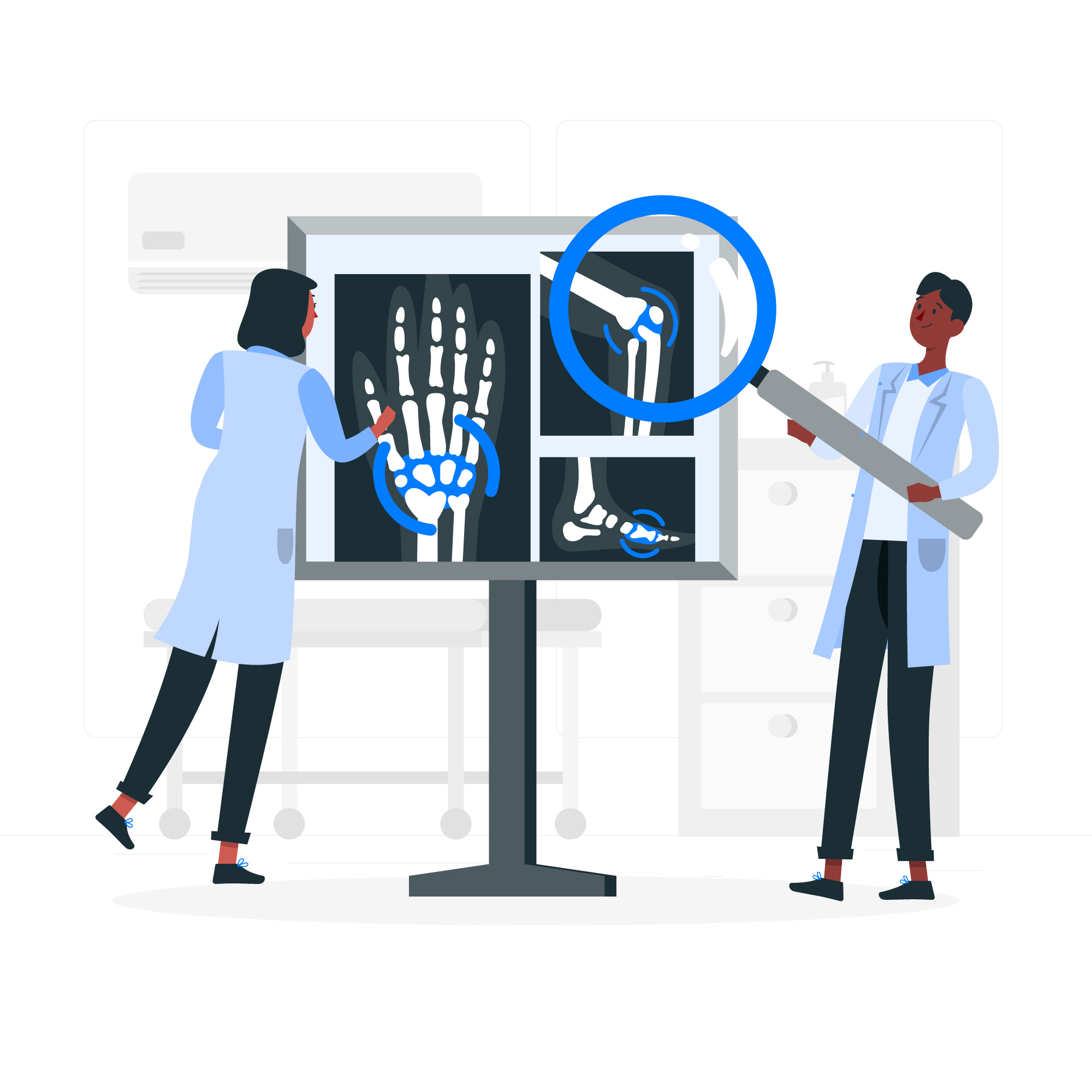 Doctor reviewing skeletal illustration for diagnosis