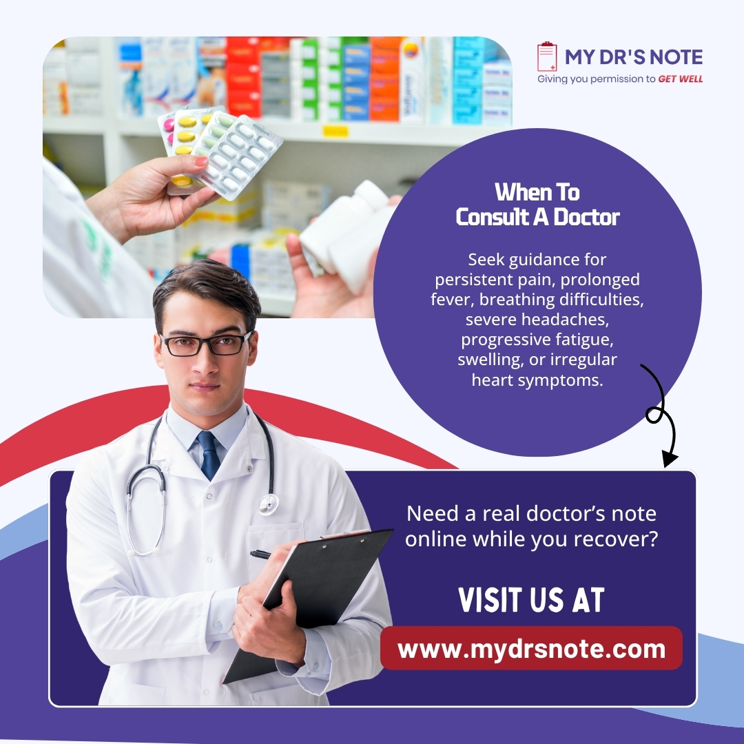 Infographic advising when to consult a doctor for various health issues, including persistent pain and severe symptoms.