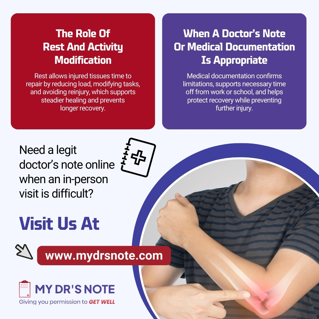 Infographic discussing the significance of rest and activity modification in recovering from injuries, and when to seek a doctor's note or medical documentation for support.