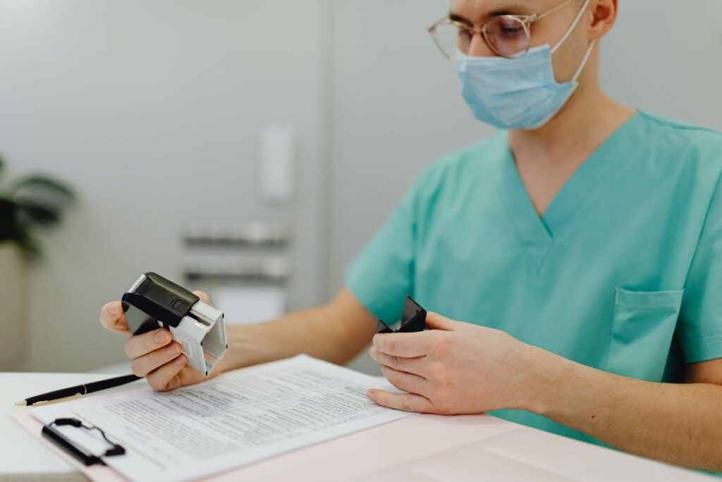 a physician stamping a leave note for a patient