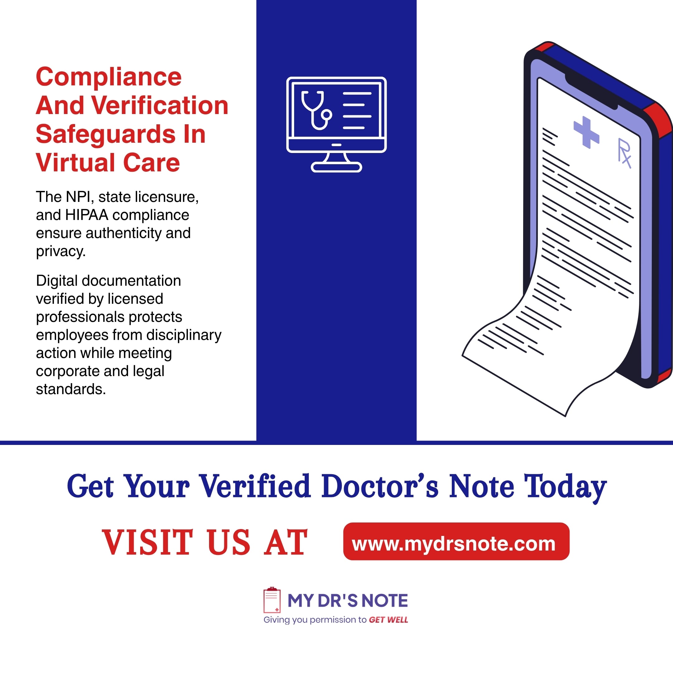 Virtual care compliance and verified doctor’s note infographic with privacy safeguards.