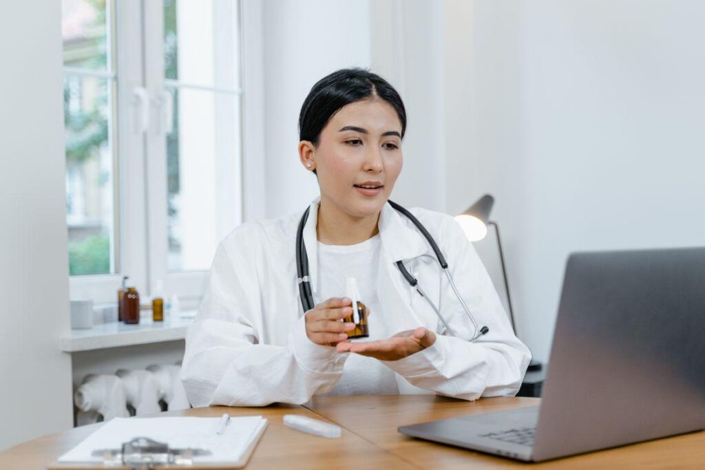 a woman in a lab coat.